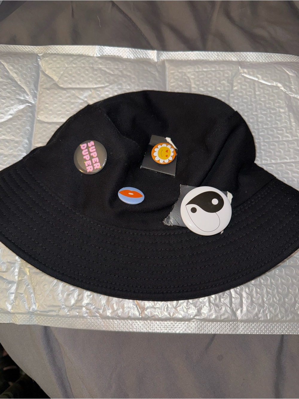Black Bucket Hat with Playful Pins